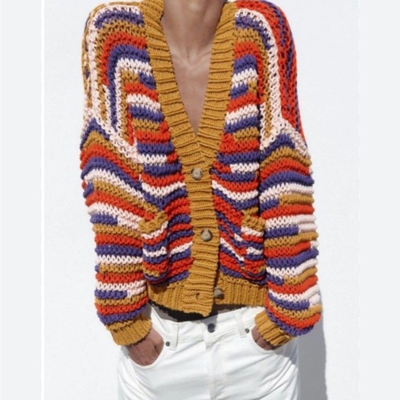 Zara Chunky Knit Colorful Striped Sweater Cardigan Button Front Size Large - Picture 3 of 10